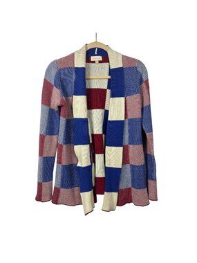 ✨3/$30 ModCloth Womens M Open Front Plaid Cardigan Sweater 100% Cotton Blue Red